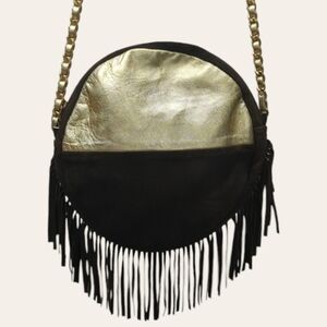 Meli Melo Rich Brown and Metallic Gold Suede Leather Fringe Crossbody